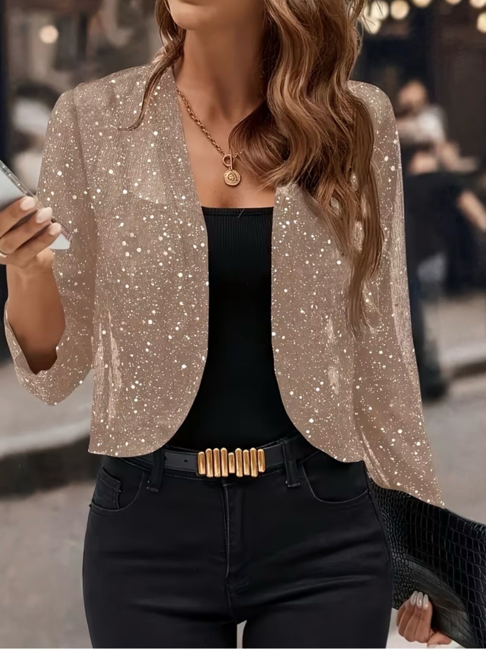 Sparkle Open-Front Crop Jacket in Taupe